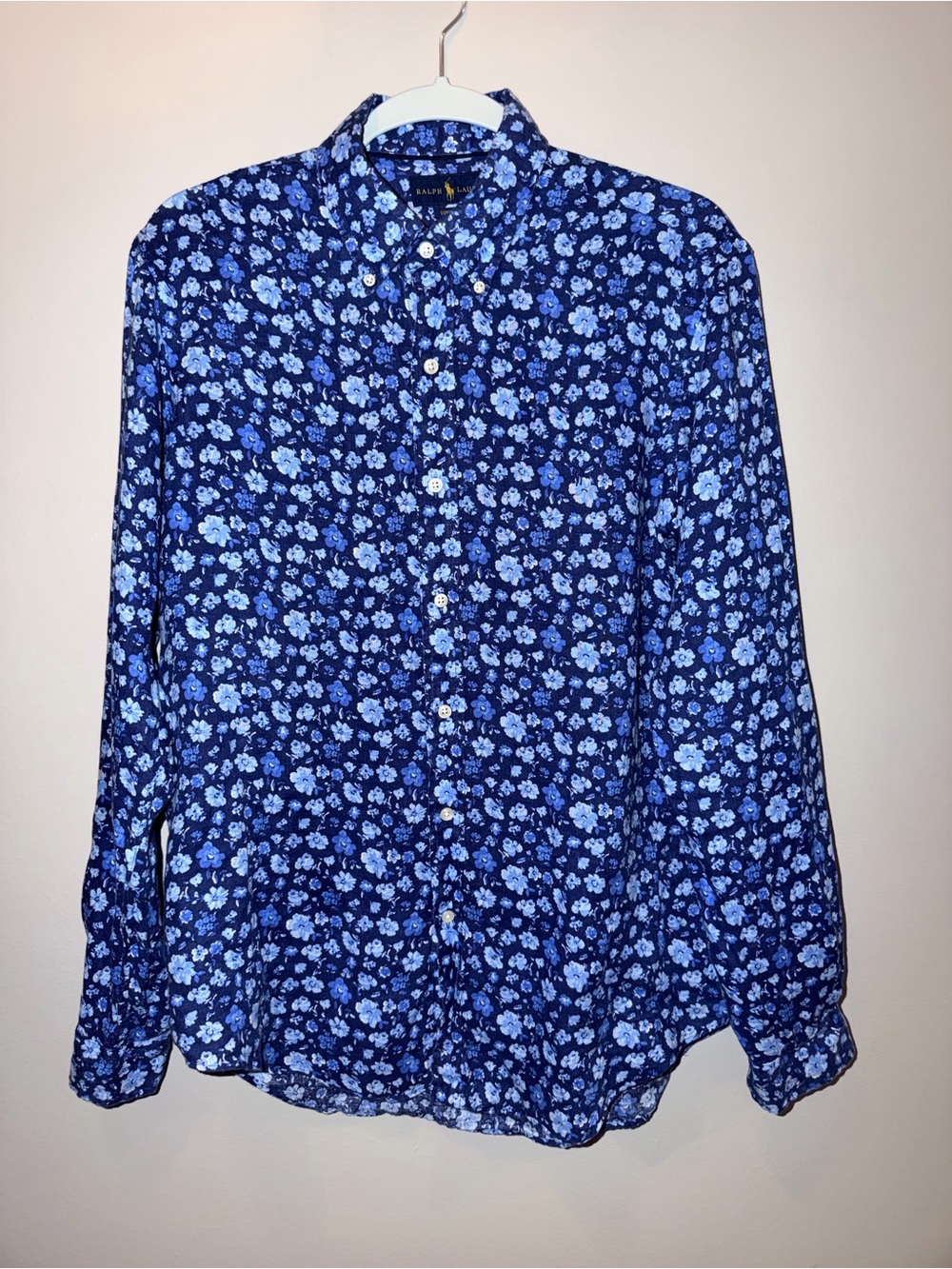 Ralph Lauren 100% linen Navy and Light Blue Floral Button-Up Shirt preppy